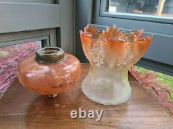 Original Victorian Arsenic Orange painted font etched floral oil lamp shade A1