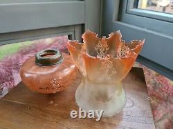 Original Victorian Arsenic Orange painted font etched floral oil lamp shade A1