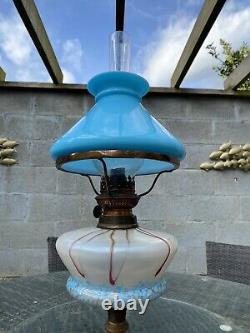 Original Victorian Art Nouveau Iridescent Blue Glass Oil Lamp Vesta Shade Base