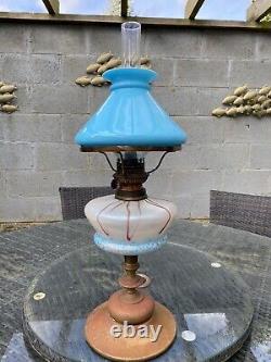 Original Victorian Art Nouveau Iridescent Blue Glass Oil Lamp Vesta Shade Base
