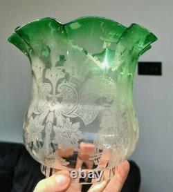 Original Victorian Catalogued Green Glass Acid Etched Oil Lamp Shade 4 duplex