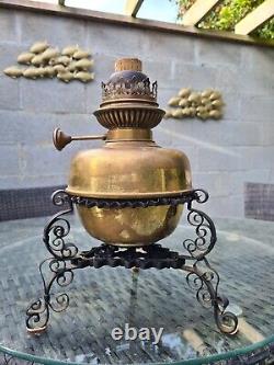 Original Victorian Centre Draft Wrought Iron Base Brass Oil Lamp Font and Burner
