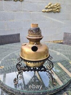 Original Victorian Centre Draft Wrought Iron Base Brass Oil Lamp Font and Burner