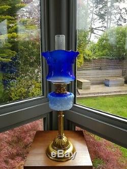 Original Victorian Cobalt Blue Glass Oil Lamp Font Burner Base with Later Shade