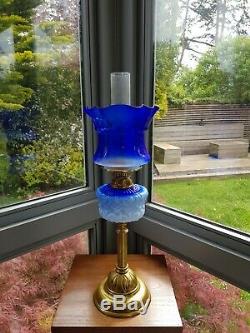 Original Victorian Cobalt Blue Glass Oil Lamp Font Burner Base with Later Shade