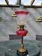 Original Victorian Cranberry Flowers Pink font oil lamp shade base Complete A1