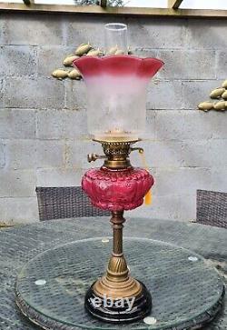 Original Victorian Cranberry Flowers Pink font oil lamp shade base Complete A1