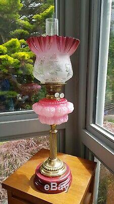 Original Victorian Cranberry Pink Etched glass shade Oil Lamp Font Burner Duplex
