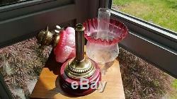 Original Victorian Cranberry Pink Etched glass shade Oil Lamp Font Burner Duplex