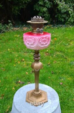 Original Victorian Cranberry Pink Glass Oil Lamp Font Solid Brass Base Burner