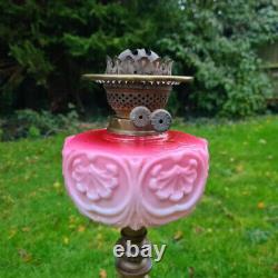 Original Victorian Cranberry Pink Glass Oil Lamp Font Solid Brass Base Burner