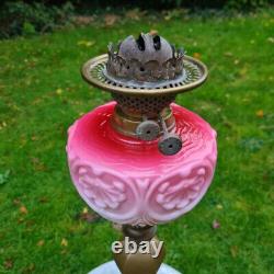 Original Victorian Cranberry Pink Glass Oil Lamp Font Solid Brass Base Burner