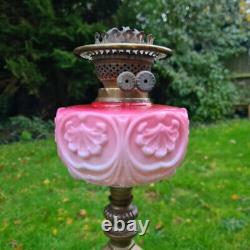 Original Victorian Cranberry Pink Glass Oil Lamp Font Solid Brass Base Burner