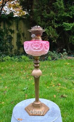 Original Victorian Cranberry Pink Glass Oil Lamp Font Solid Brass Base Burner