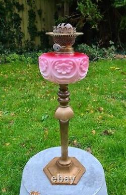 Original Victorian Cranberry Pink Glass Oil Lamp Font Solid Brass Base Burner