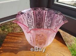 Original Victorian Cranberry Pink acid etched glass oil lamp shade floral 4 inch