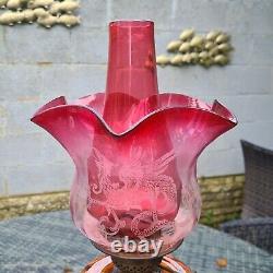 Original Victorian Cranberry Ruby Glass Oil Lamp Chimney Smoke Funnel Duplex