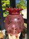 Original Victorian Cranberry Ruby Red Standard Etched Glass Oil Lamp Shade 4 ins