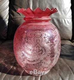 Original Victorian Cranberry Ruby Red Standard Etched Glass Oil Lamp Shade 4 ins