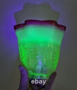 Original Victorian Cranberry Vaseline Glass Acid Etched Oil Lamp Shade 3 1/16