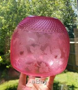Original Victorian Cranberry cut glass crystal etched floral oil lamp shade 4 in