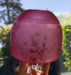 Original Victorian Cranberry cut glass crystal etched floral oil lamp shade 4 in