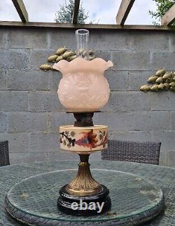 Original Victorian Duplex Hand Painted Peach Glass Oil Lamp Font Cased Shade