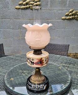 Original Victorian Duplex Hand Painted Peach Glass Oil Lamp Font Cased Shade