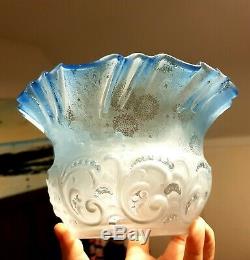 Original Victorian Embossed Blue Glass Oil Lamp Tulip Shade Acid Etched 4 fit
