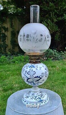 Original Victorian English Blue Opal Glass Oil Lamp 39mm Duplex Cut Glass Shade