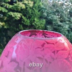 Original Victorian Engraved Crystal Etched Cranberry Glass Duplex Oil Lamp Shade