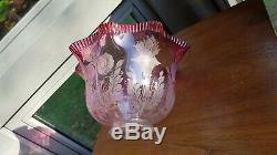Original Victorian Etched Cranberry glass gas oil lamp uplighter shade Top Rim A