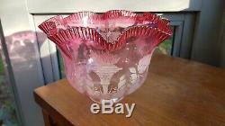 Original Victorian Etched Cranberry glass gas oil lamp uplighter shade Top Rim A