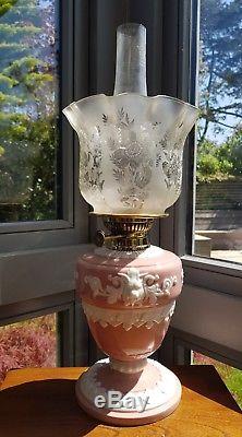 Original Victorian Etched Squat Oil Lamp Shade Frilled Rim Flowers Duplex 4 ins