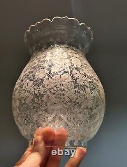 Original Victorian Floral lace pattern Cut glass Oil Lamp Shade Etched 4 duplex