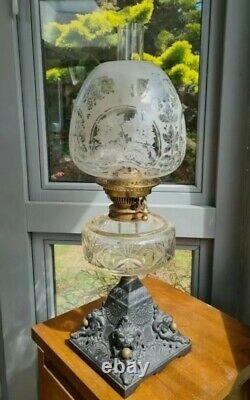 Original Victorian Floral pattern glass Oil Lamp Shade Etched 4 beehive duplex