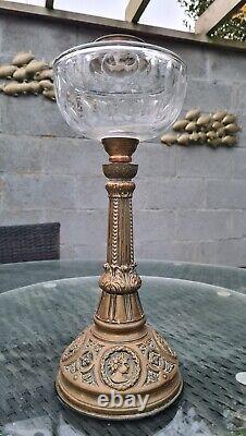 Original Victorian French Roman Grecian Brass Oil Lamp Base Facet Cut Glass Font