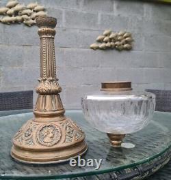Original Victorian French Roman Grecian Brass Oil Lamp Base Facet Cut Glass Font