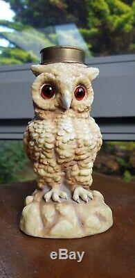Original Victorian German Owl Oil Lamp Ceramic China Porcelain Glass Eyes A1