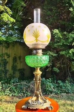 Original Victorian Green Diamond Crystal Cut glass oil lamp Font Cut Glass Shade