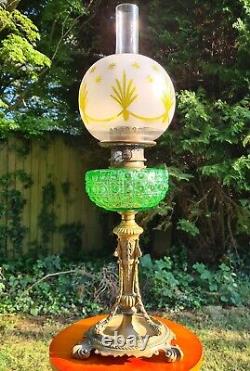 Original Victorian Green Diamond Crystal Cut glass oil lamp Font Cut Glass Shade