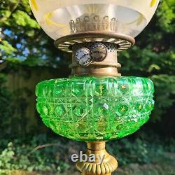 Original Victorian Green Diamond Crystal Cut glass oil lamp Font Cut Glass Shade