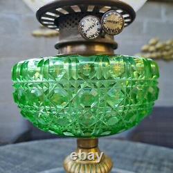 Original Victorian Green Diamond Crystal Cut glass oil lamp Font Cut Glass Shade