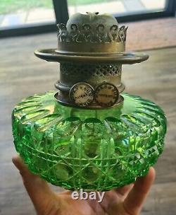 Original Victorian Green Diamond Crystal Cut glass oil lamp Font Cut Glass Shade