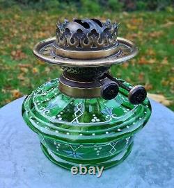 Original Victorian Green Hand Painted Rib Glass Squat Oil Lamp Font Base Duplex