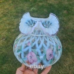 Original Victorian Hand Painted Signed Fenton Glass Oil Lamp Shade 7 fitter