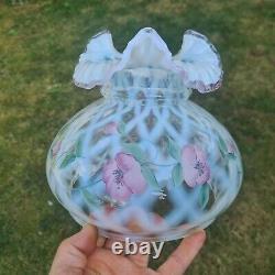 Original Victorian Hand Painted Signed Fenton Glass Oil Lamp Shade 7 fitter