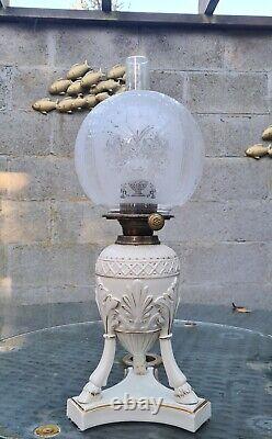 Original Victorian Irish Belleek Amphora Porcelain China Tripod Oil Lamp & Shade