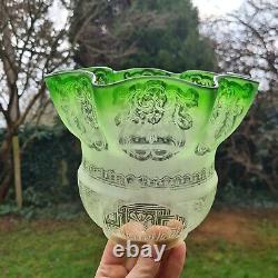 Original Victorian Large Green glass Etched oil lamp shade duplex 4 inch fitter