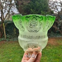 Original Victorian Large Green glass Etched oil lamp shade duplex 4 inch fitter